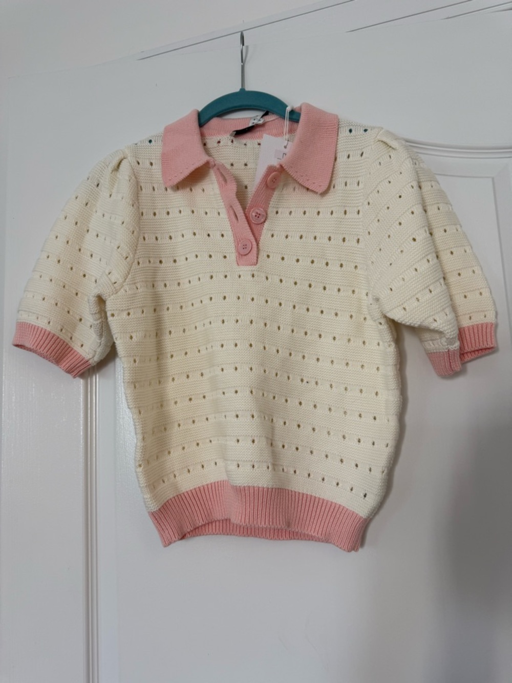 Anthropologie Cream Knit Polo Sweater with Pink Trim